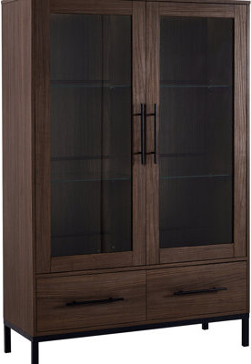 60'' Tall Modern Display Cabinet With Tempered Glass Door & Led Lighting For Living Room, Office Study, Walnut Finish, 4 Adjustable Shelves, 2 Drawers
