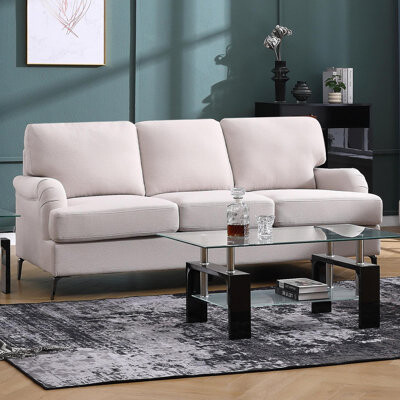 Vira 82" Beige Velvet Removable Back Cushions 3-Seater with Mirror-Polished Grey Metal Legs