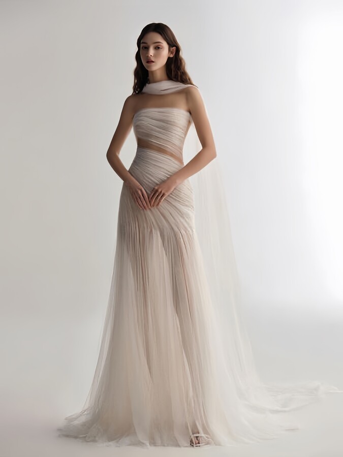XCL Heroine Elegant White Evening Dress A-Line Bandeau Sexy Backless Strapless Sleeveless Pleated Tulle Special Occasion Party Dress