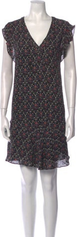 Joie Silk Shift Dress Black Floral Print Ruffle Embellishment Short Sleeve with V-Neck Button Closure at Front Size not listed, estimated from measurements. Designer