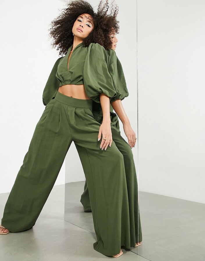 ASOS EDITION wide leg pleat front trouser in olive green - ShopStyle