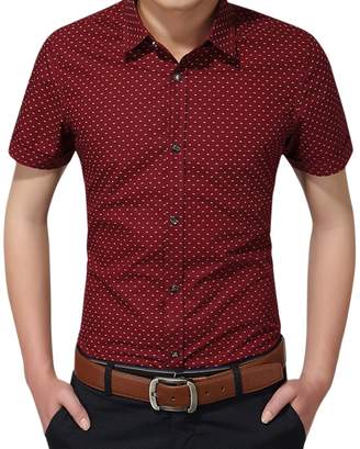 Pishon Men's Button Up Shirt 100% Cotton Slim Fit Patterned Short Sleeve Dress Shirt