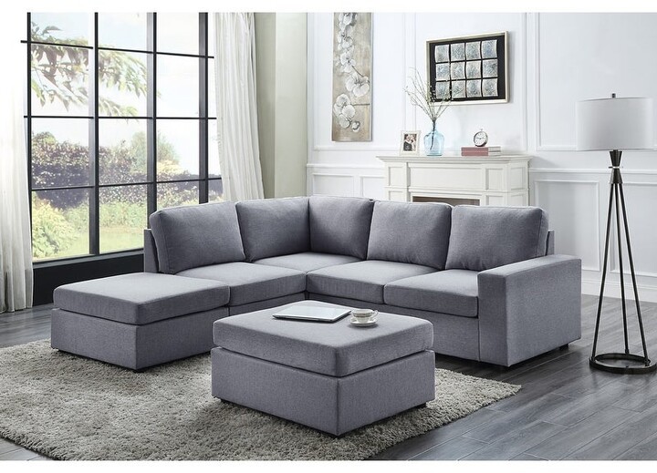 Overstock Marta Light Gray Linen 6 Seat Reversible Modular Sectional Sofa with Ottoman