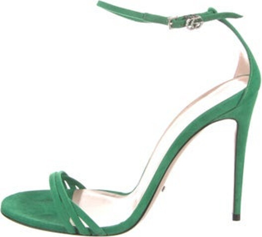 Gucci Suede Sandals Green Double G Logo Crystal Embellishments Straps & Buckle Closure at Ankles Includes Box & Dust Bag