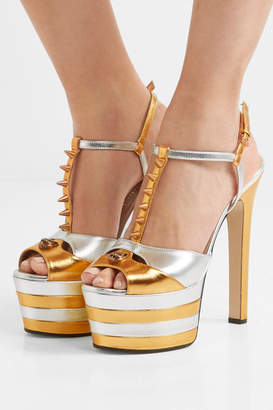 Gucci Studded Two-tone Metallic Leather Platform Sandals