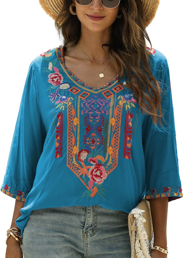 Grosy Mexican Embroidered Tops for Women Summer Short Sleeve Boho