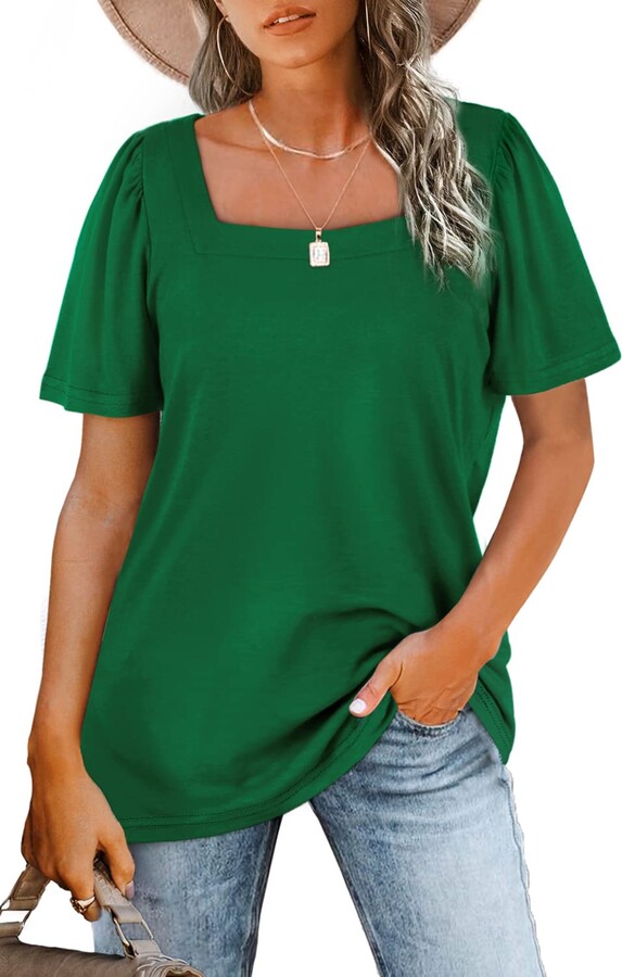 WIHOLL Womens Summer Tops Casual Short Sleeve Ruffle Sleeve Plain Shirts 