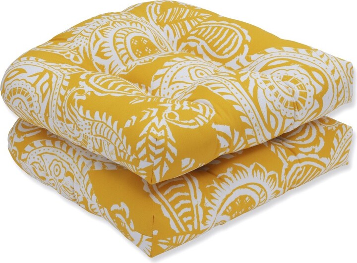Set of 2 Outdoor/Indoor Wicker Seat Cushions Addie Yellow Pillow