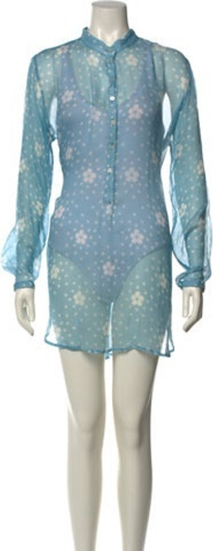 CLOE CASSANDRO Silk Shirtdress Blue Polka Dot Print Long Sleeve with Mock Neck