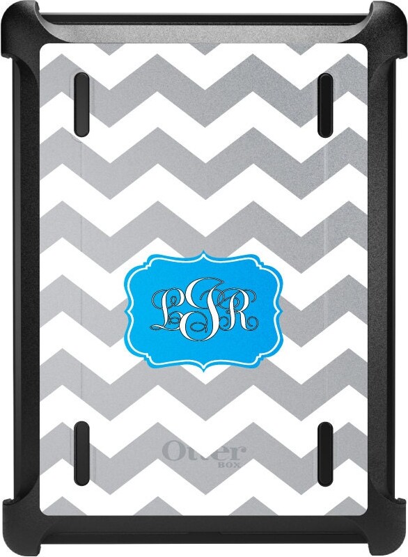 Etsy Custom Otterbox Defender For Apple Ipad/Air Pro Mini - Custom Monogram Gray White Chevron Blue Frame