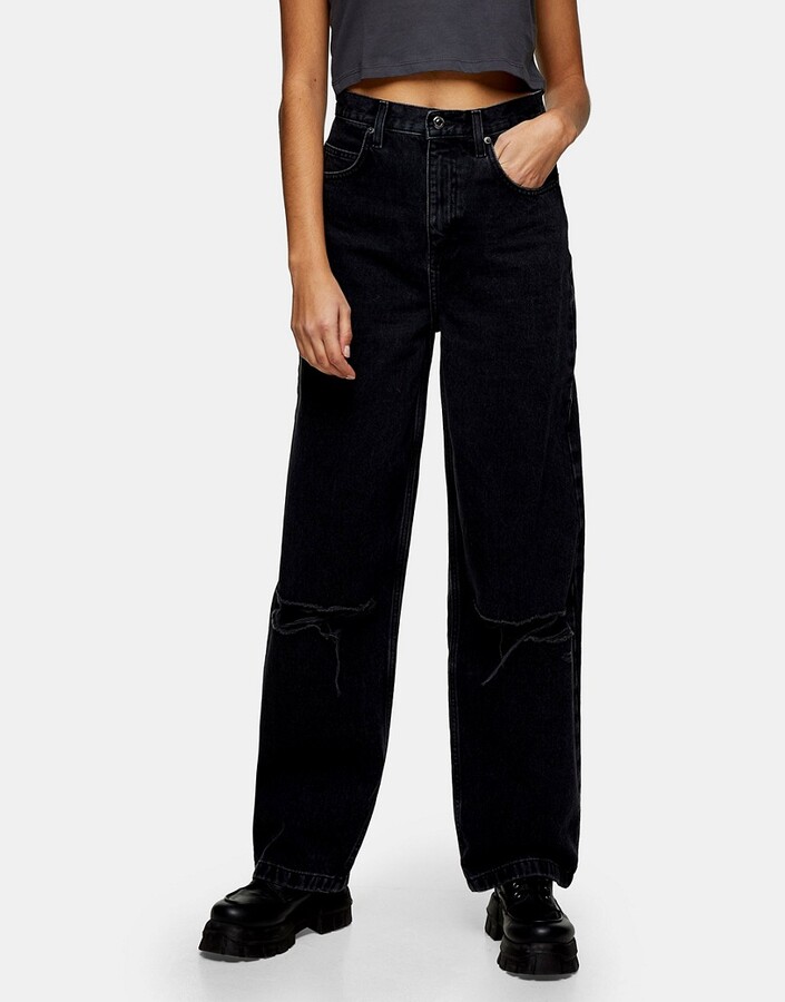 Topshop Baggy jeans with knee rips in washed black - ShopStyle