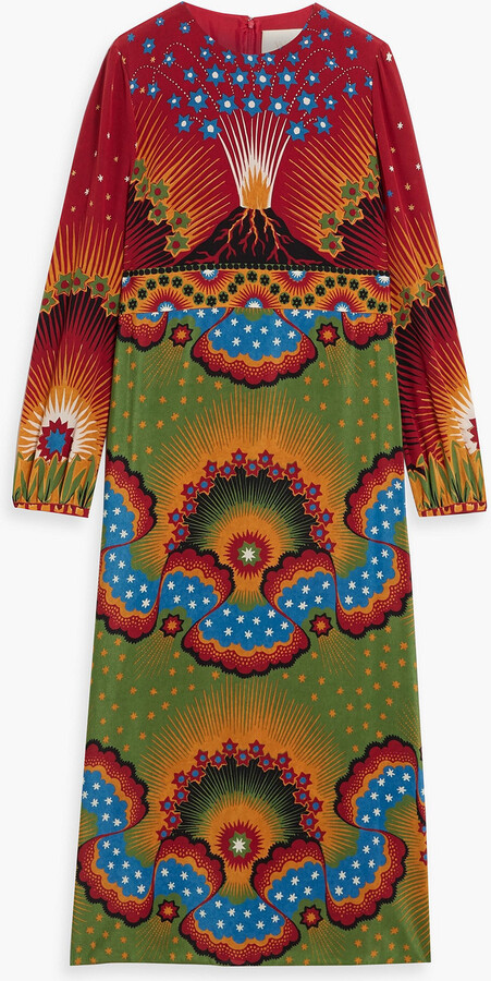 Printed silk crepe de chine midi dress