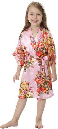 JOYTTON Girl's Satin Floral Kimono Bathrobe Flower Girl Robe (10,)
