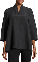 Thumbnail for your product : Eileen Fisher 3/4-Sleeve High-Collar Doupioni Silk Blouse