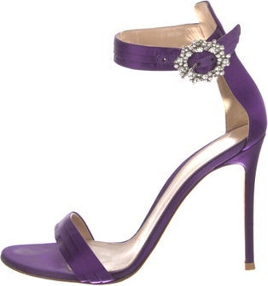 Gianvito Rossi Satin Sandals Purple Crystal Embellishments Wrap-Around Straps & Buckle Closure at Ankles