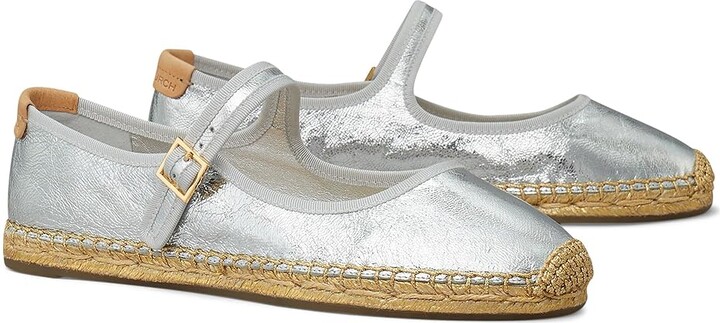 Tory Burch Mary Jane Espadrille Women's Flat Shoes Silver/Gray/Natural : 7.5 M, Leather