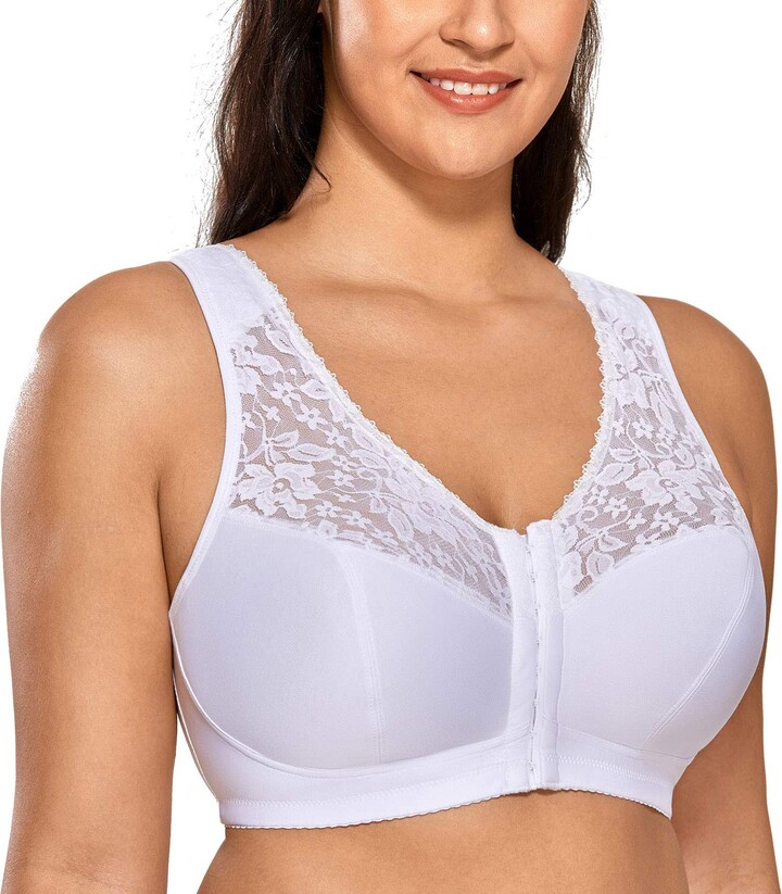 Delimira Women's Front Fastening Bras Lace Plus Size Full Coverage  Racerback Wireless White 36F - ShopStyle
