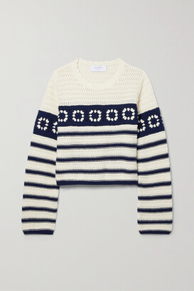 La Ligne Striped Crocheted Cotton Sweater - Navy - x small
