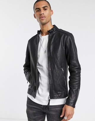 AllSaints Cora slim fit zip through leather jacket in black - ShopStyle