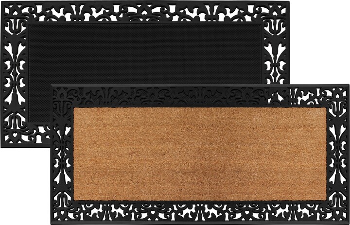 A1hc Rubber and Coir Door Mat Floral Border Dirt Trapper Heavy Weight Large Doormat 24x38 - Black/Beige