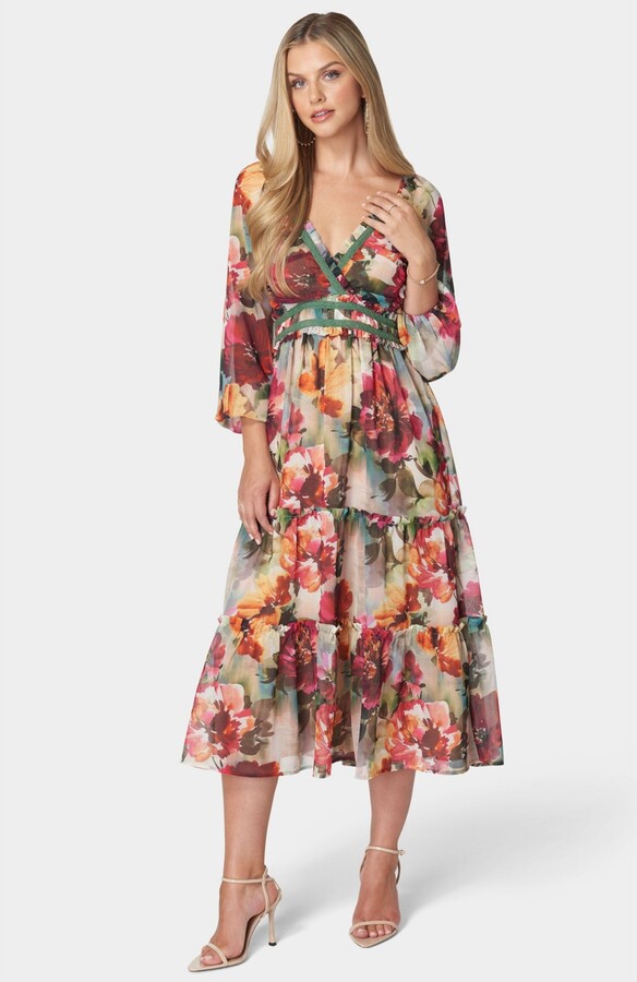 Bebe Women's Lace Up Back Chiffon Midi Dress