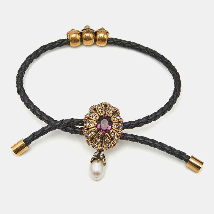 Alexander McQueen Jewel Friendship Adjustable Nappa Leather Gold Tone Bracelet
