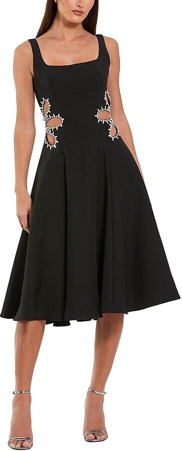 Mac Duggal Sleeveless Crepe Rhinestone Cutout Midi Dress