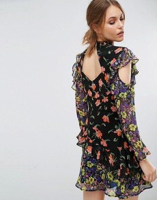ASOS Mixed Print Mini Dress with Cold Shoulder and Frill