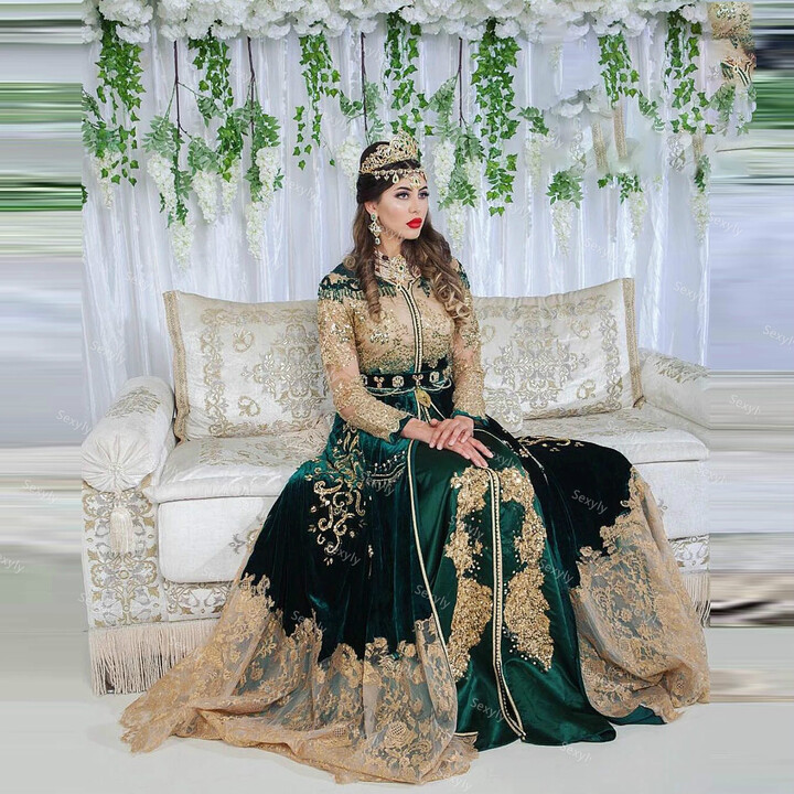 ZuTouuoly Emerald Green Morrocan Muslim Evening Dress With Gold Lace Vintage Velvet Dubai Arabic Abaya Prom Gown Robe De Mariée Customized