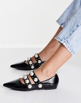 Thumbnail for your product : ASOS DESIGN Livia faux pearl studded ballets flats in black crinkle patent