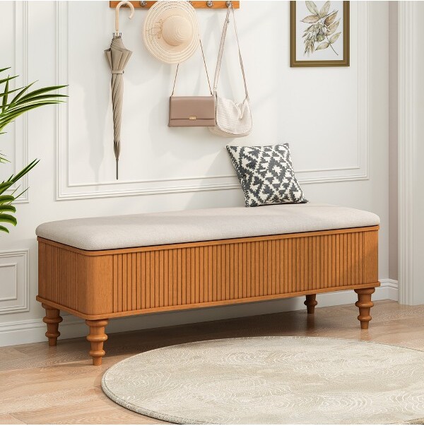 GDFStudioXintongModernRectangularRubberwoodLinenUpholsteredStorageBenchNatural
