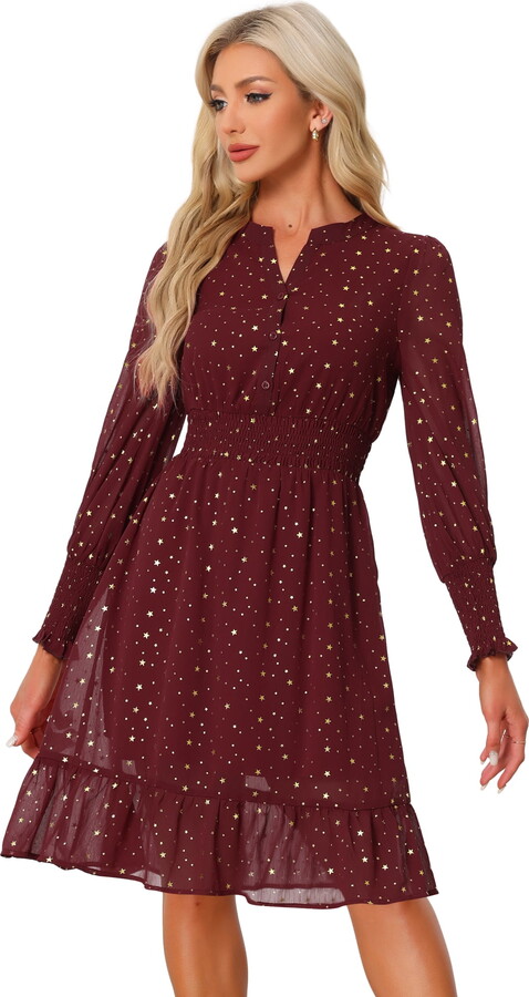 DARING DIVA Button Up Smocked Chiffon Metallic Star Dress XS Burgundy-Star