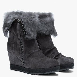 Daniel Grateful Grey Suede Fur Cuff Wedge Ankle Boots