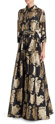 Teri Jon by Rickie Freeman Collared Floral Belted Gown