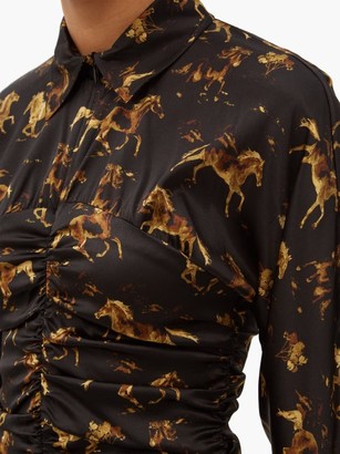 Ganni Ruched Horse-print Silk-blend Satin Shirt Dress - Black Print -  ShopStyle