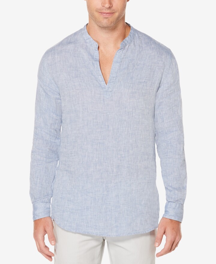 Men's PERRY ELLIS White 100%  Linen Band Collar Shirt Long Sleeve M L 4DSW7098PS 