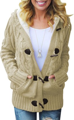 Actloe Women Front Button Hooded Sweater Outwear Cable Knit Long Sleeve  Cardigan with Pocket Plus Size Khaki XX-Large - ShopStyle