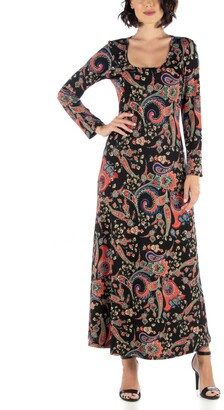 24seven Comfort Apparel Women's Long Sleeve Floral Print A-Line Maxi Dress