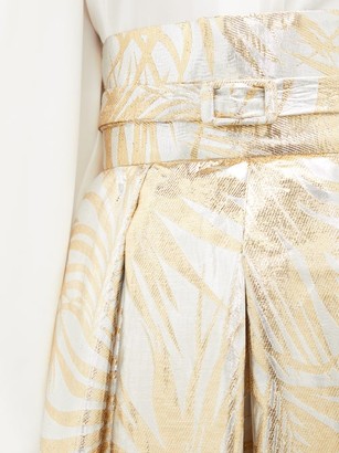 Sara Battaglia Belted High-rise Palm-leaf Brocade Midi Skirt - Gold Multi