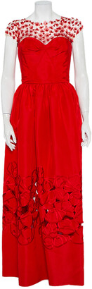 Oscar de la Renta Red Sequin Floral Embellished Cutout Detail Ball Gown L