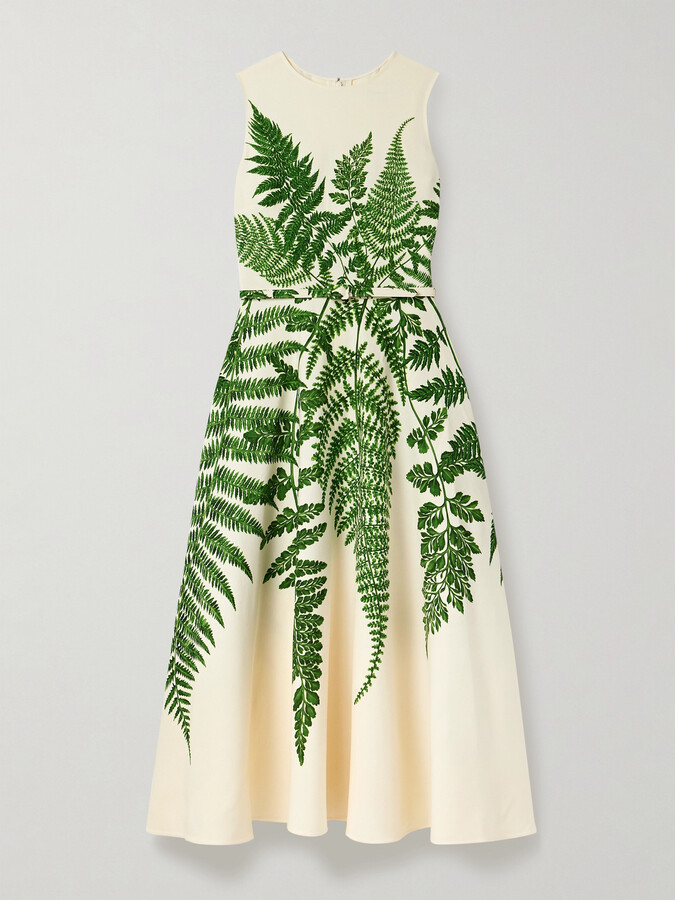 Oscar de la Renta Belted Printed Wool-blend Crepe Midi Dress - Green