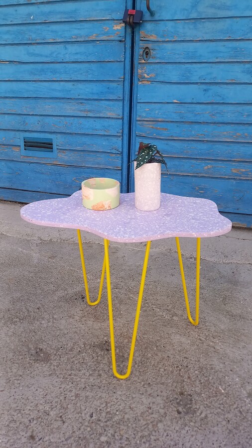 Coffee Table, Terrazzo, Cloud, Side, Balcony On Metal Legs