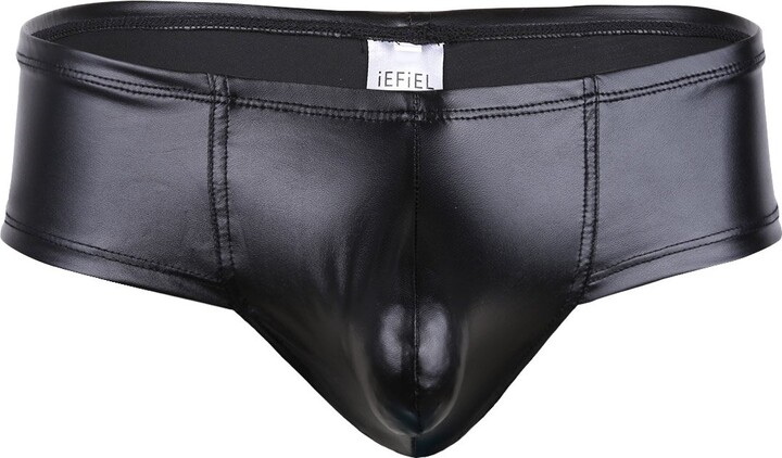 iEFiEL Men's Faux Leather Wet Look Bugle Pouch Shorts Pants
