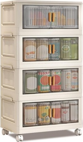 coucheta 4-LayerStorageBoxeswithLid,StackableBinswithMagneticDoubleDoor,FoldablePlasticStorageOrganizerwith360°WheelsforBedroom,White