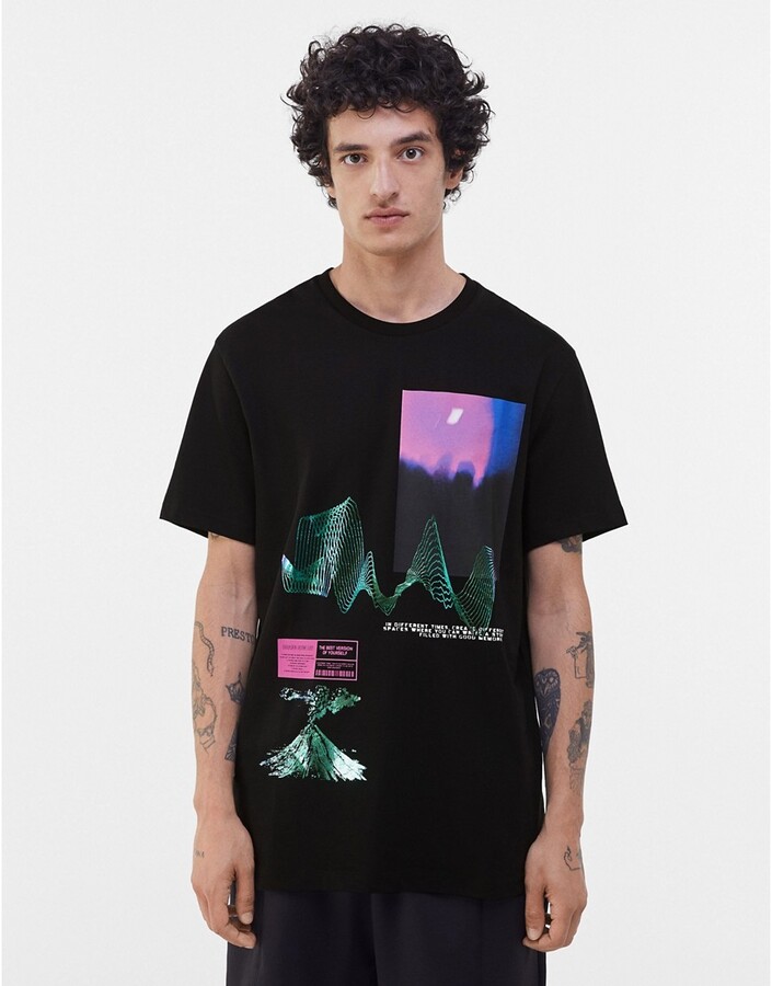 Bershka t-shirt with foil print in black - ShopStyle