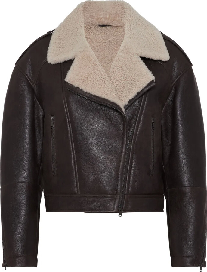 Brunello Cucinelli Shearling-Collar Leather Biker Jacket