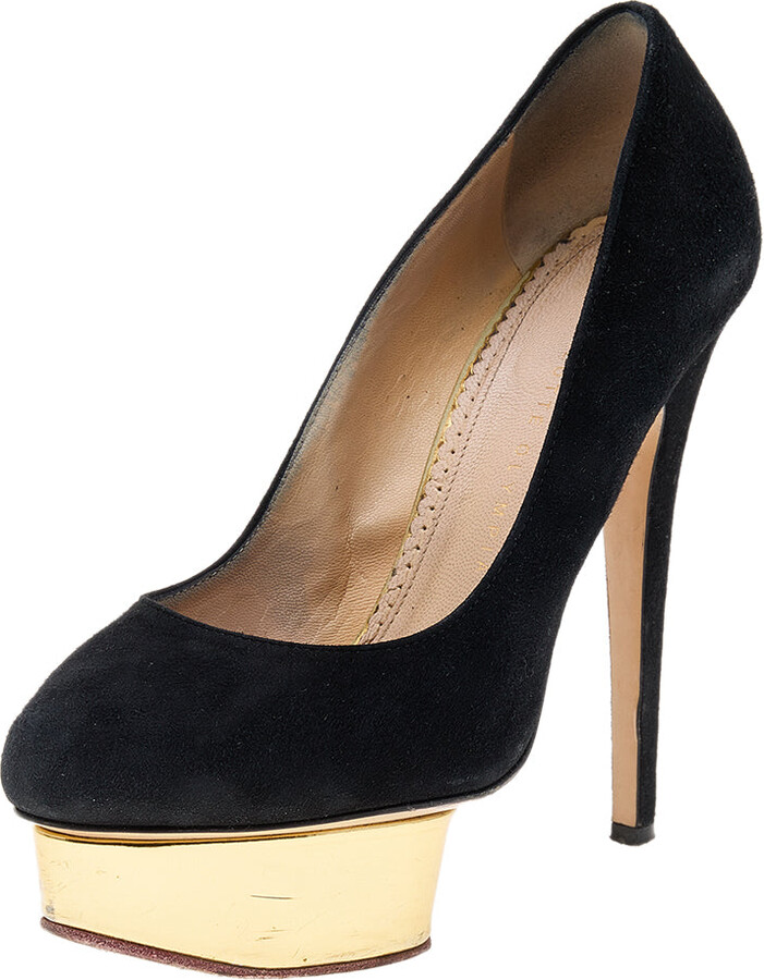 Charlotte Olympia Black Suede Dolly Platform Pumps