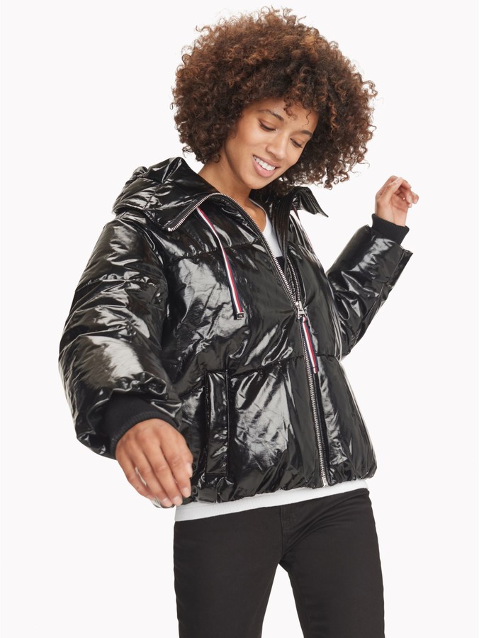 shiny puffer jacket with hood
