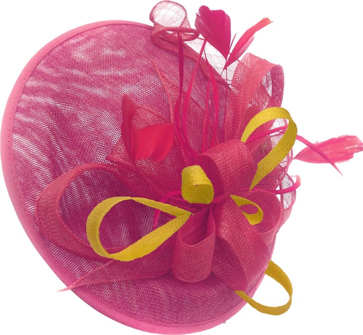 Caprilite Fuchsia and Yellow Sinamay Big Disc Saucer Fascinator Hat for