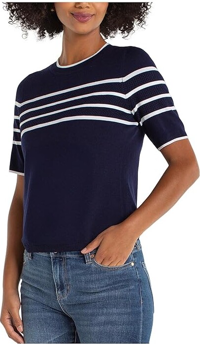 Liverpool Los Angeles Short Sleeve Crew Neck Sweater Women's Sweater Navy/White Stripe : LG Jersey/Polyester/Viscose